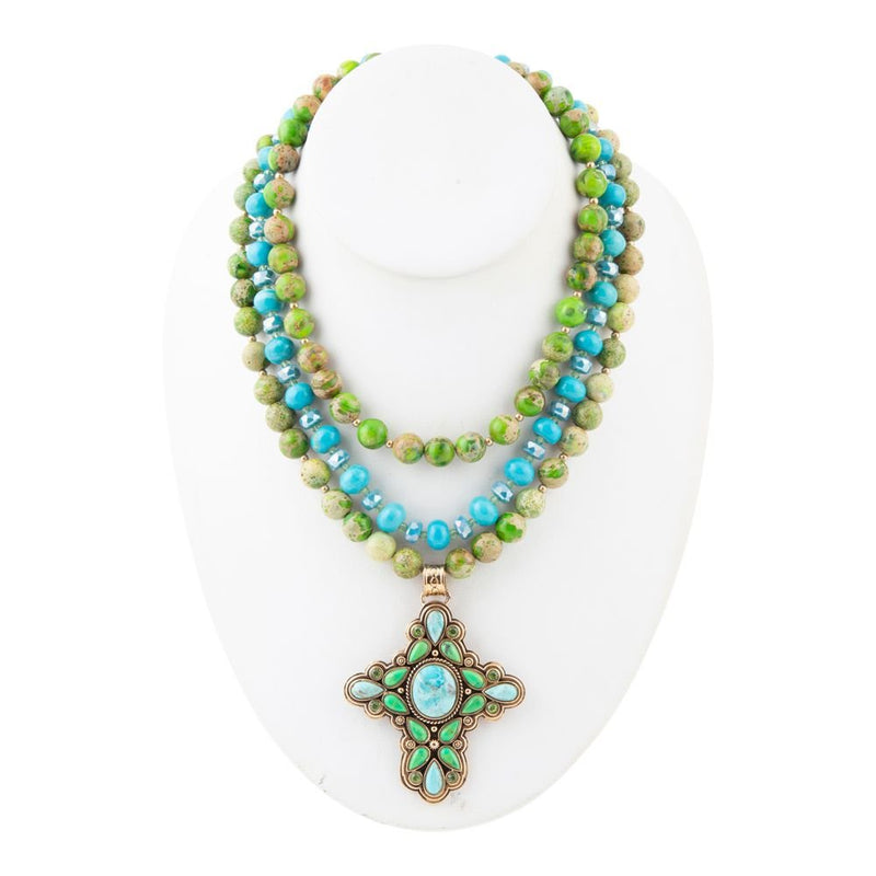 Legacy Lime Green and Blue Turquoise Golden Cross Pendant Statement Necklace