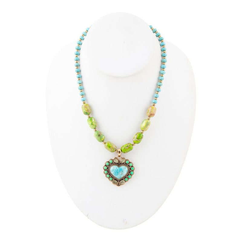 Legacy Heart Lime Green and Blue Turquoise Golden Pendant Necklace
