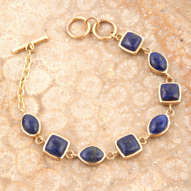 Blue Lapis Hammered Link Golden Bracelet