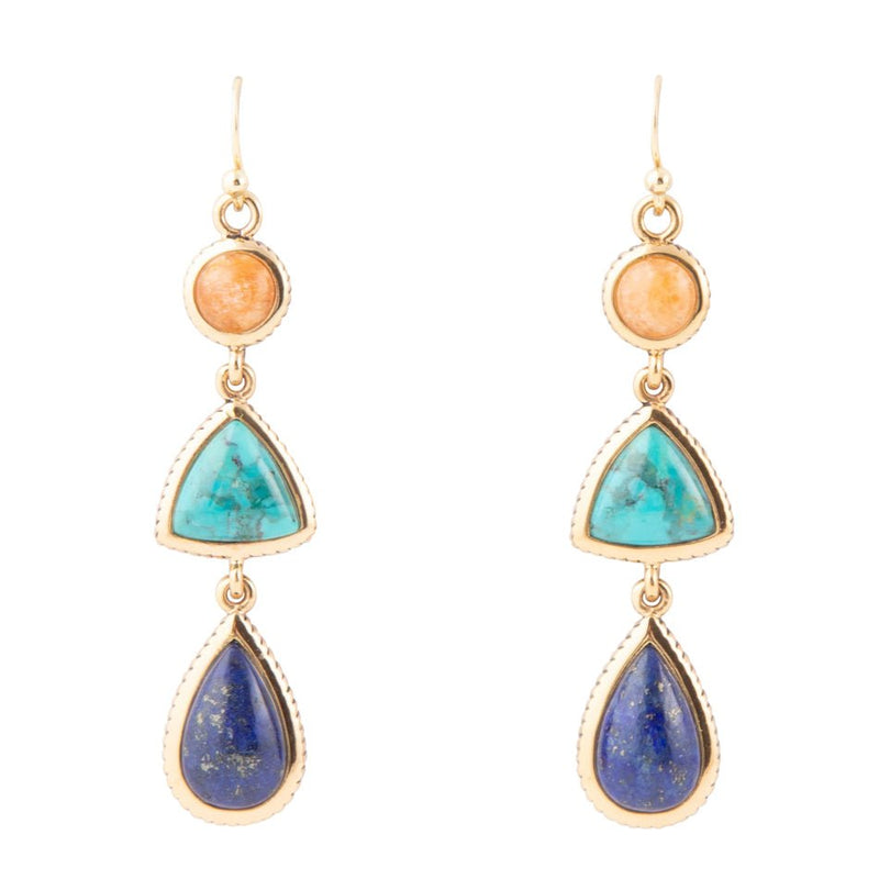 Blue Lapis, Turquoise and Orange Sponge Coral Golden Drop Earrings