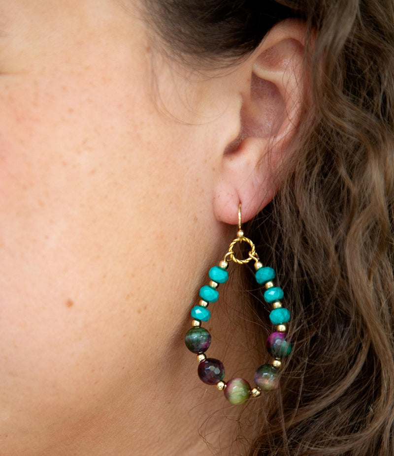 Jeweled Blue Magnesite and Mulicolor Tiger's Eye Golden Drop Earrings