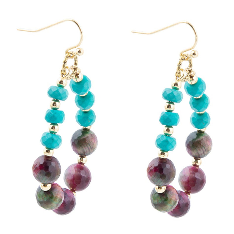 Jeweled Blue Magnesite and Mulicolor Tiger's Eye Golden Drop Earrings