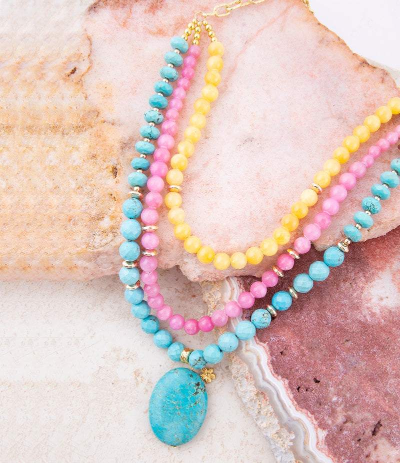 St. Augustine Pink Agate and Blue Turquoise Golden Pendant Necklace