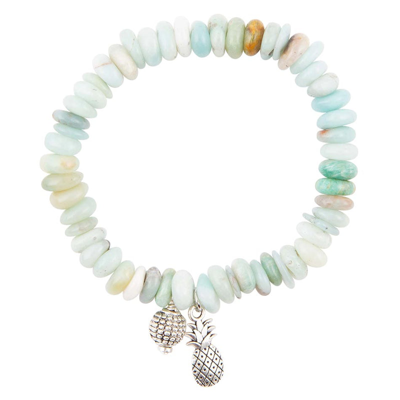 Blue Mint Amazonite and Silver Charm Stretch Bracelet