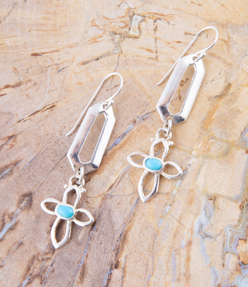 Blue Turquoise and Sterling Silver Cross Drop Earrings