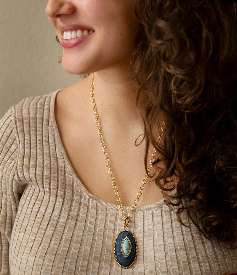 Stacked Blue Turquoise and Denim Golden Pendant Necklace