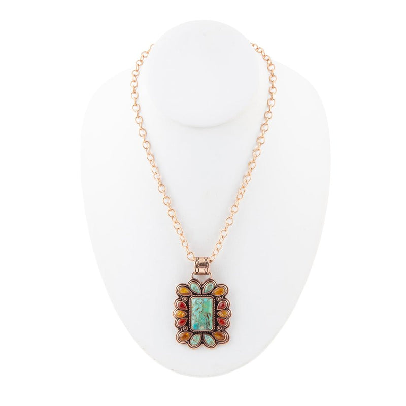 Blue Turquoise and Red Carnelian Copper Pendant Necklace