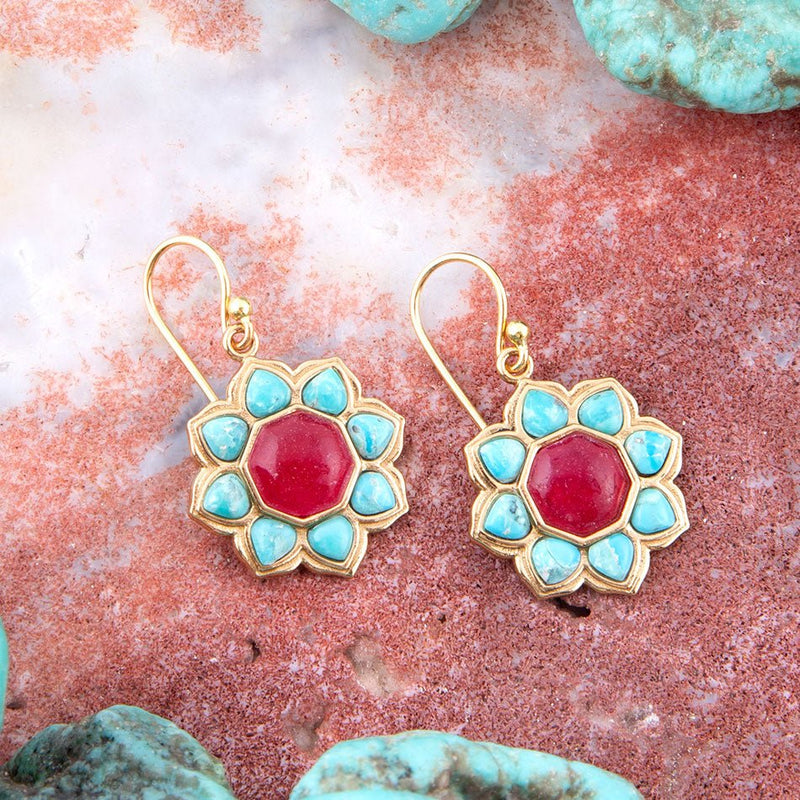 Blue Turquoise and Red Quartz Flower Golden Earrings