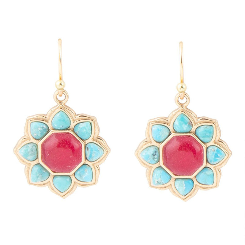 Blue Turquoise and Red Quartz Flower Golden Earrings