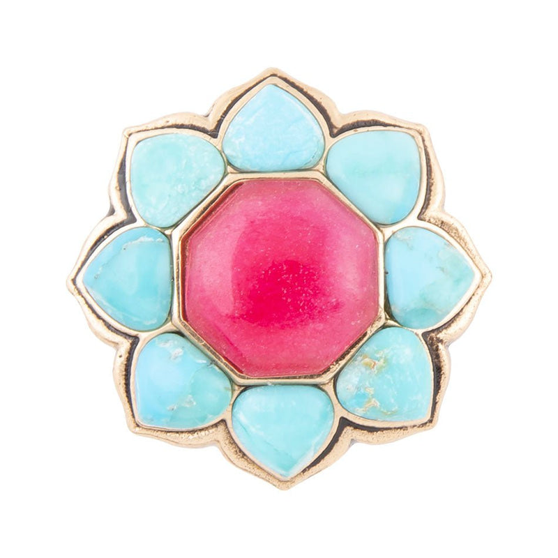 Blue Turquoise and Red Quartz Flower Golden Ring