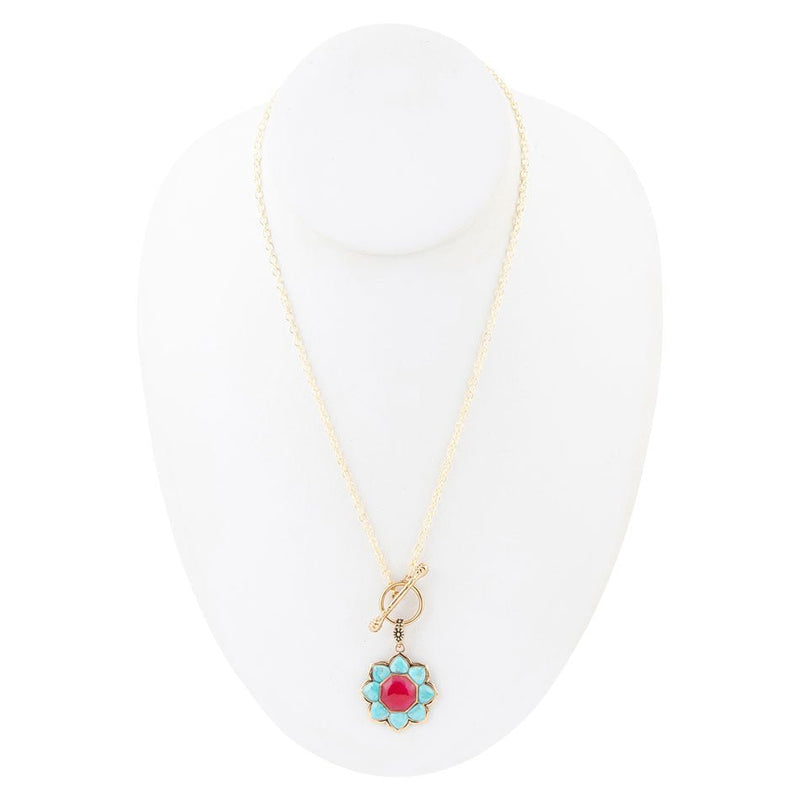 Blue Turquoise and Red Quartz Golden Chain Necklace