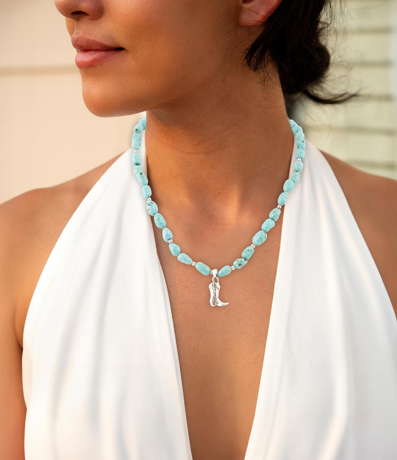 Blue Turquoise and Sterling Silver Boot Charm Necklace