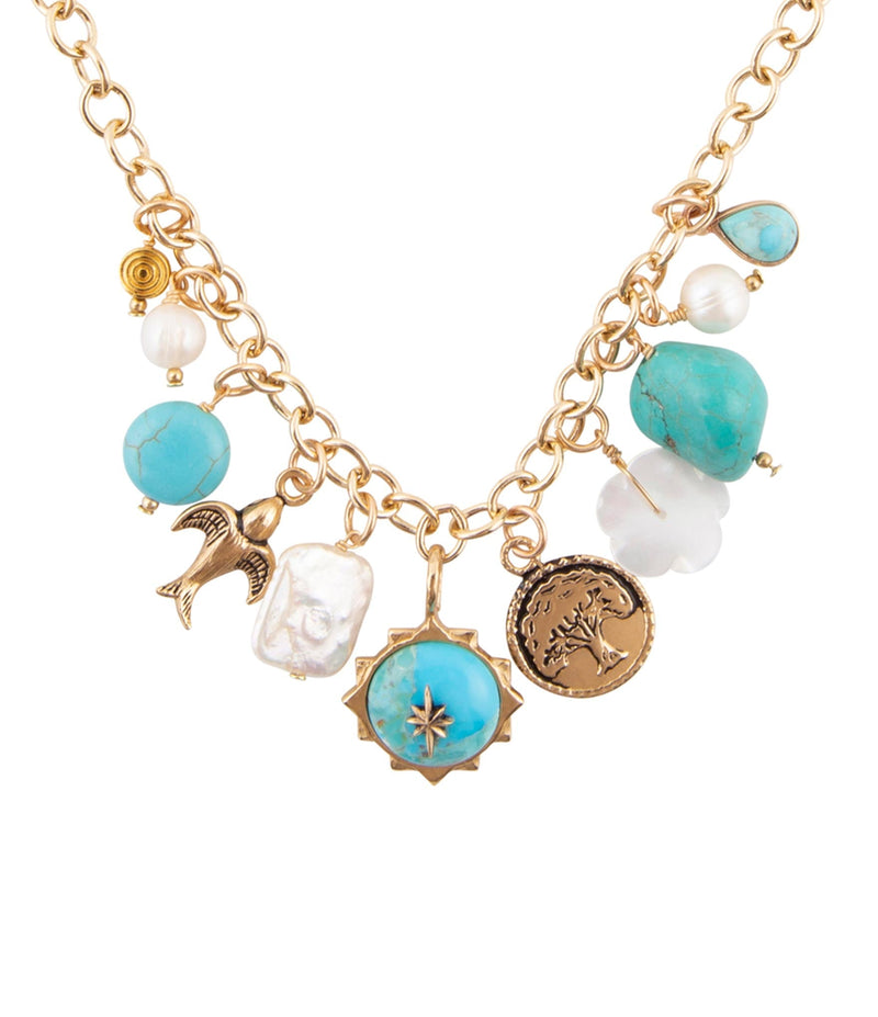 Blue Turquoise and White Pearl Multi Charm Golden Necklace