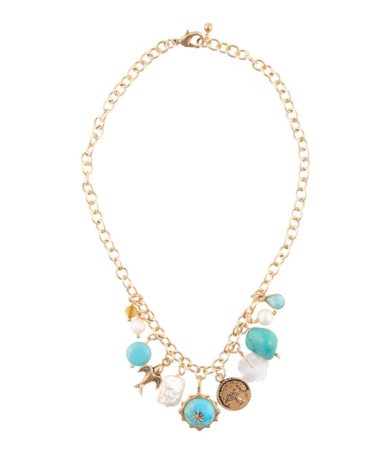 Blue Turquoise and White Pearl Multi Charm Golden Necklace