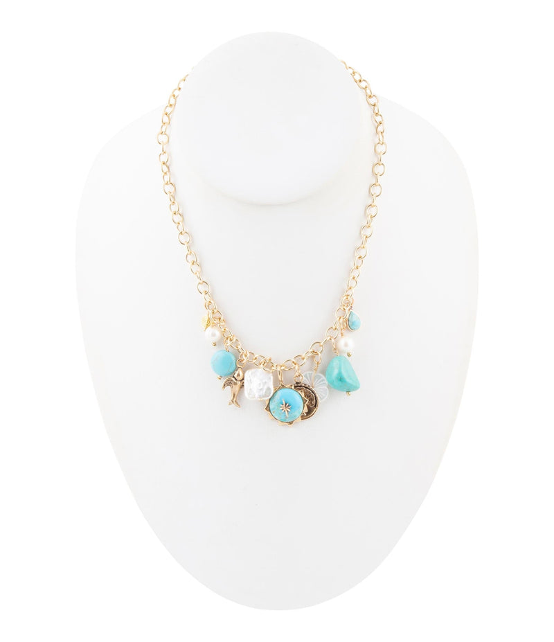 Blue Turquoise and White Pearl Multi Charm Golden Necklace