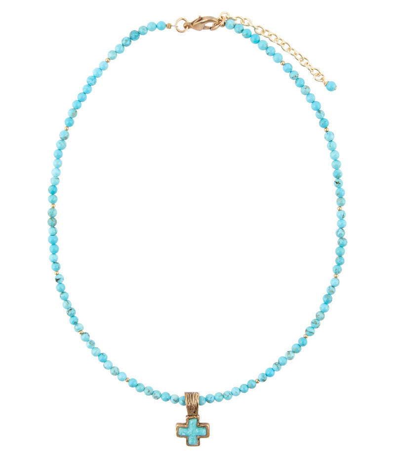 Blue Turquoise Cross Golden Pendant Necklace