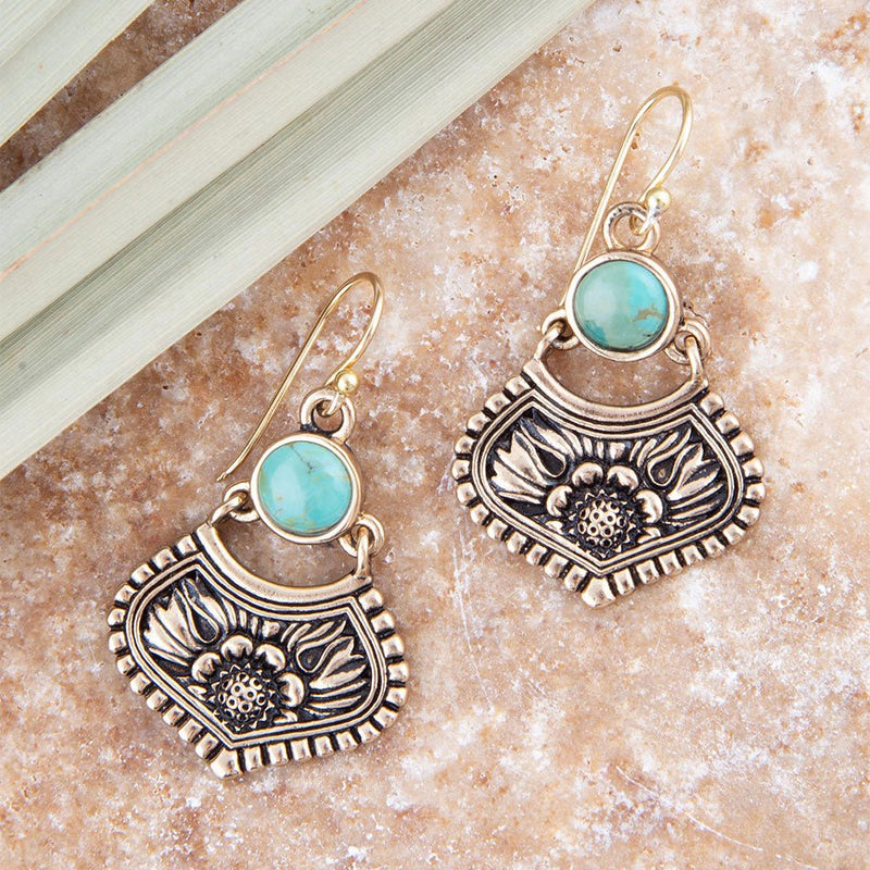 Blue Turquoise Flourish Golden Drop Earrings