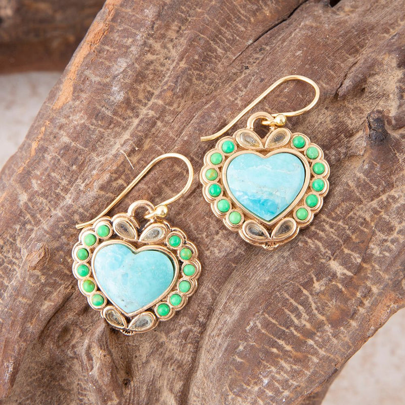 Legacy Heart Lime Green and Blue Turquoise Golden Drop Earrings