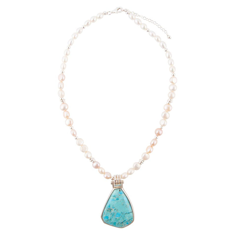 Blue Turquoise Pendant and White Pearl Sterling Silver Necklace