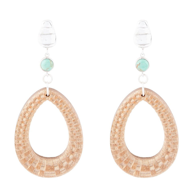 Blue Turquoise Top Carved Wood Sterling Silver Earrings