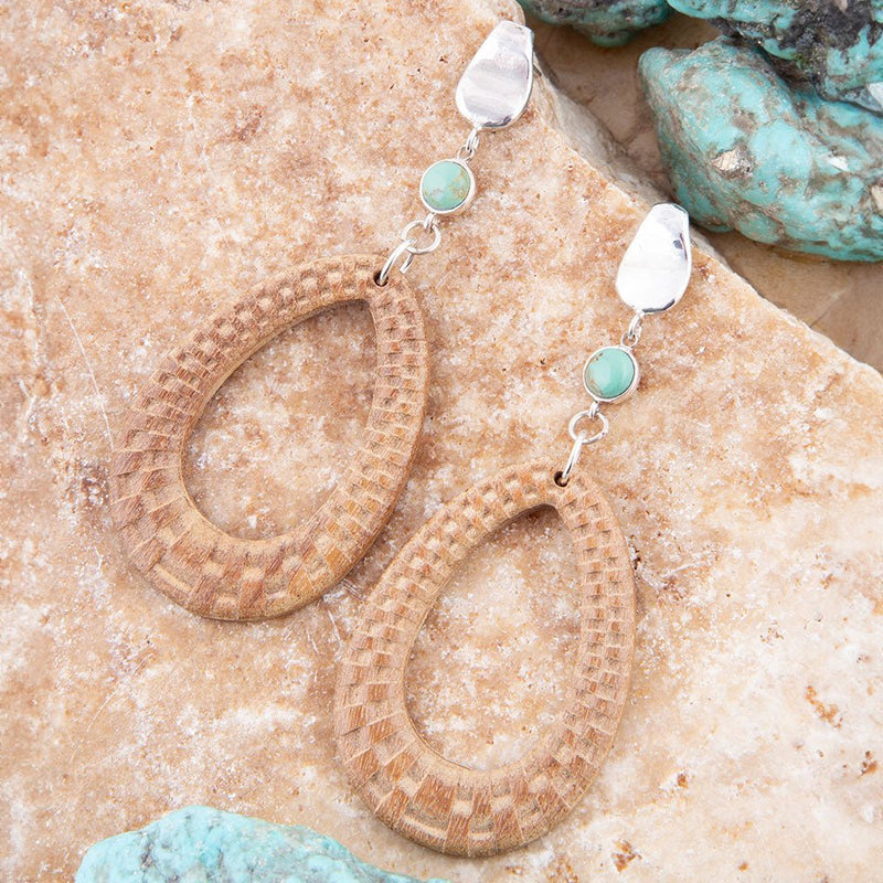 Blue Turquoise Top Carved Wood Sterling Silver Earrings