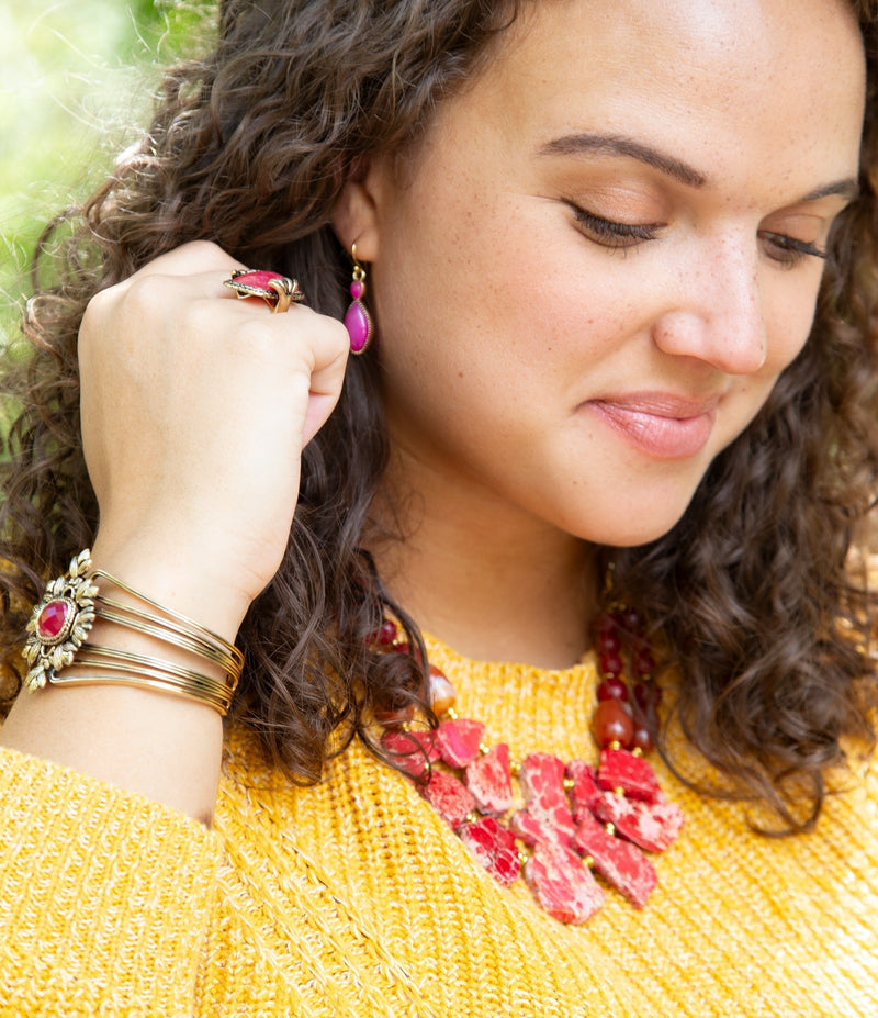 Bordeaux Quartz and Bronze Ornate Cuff Bracelet