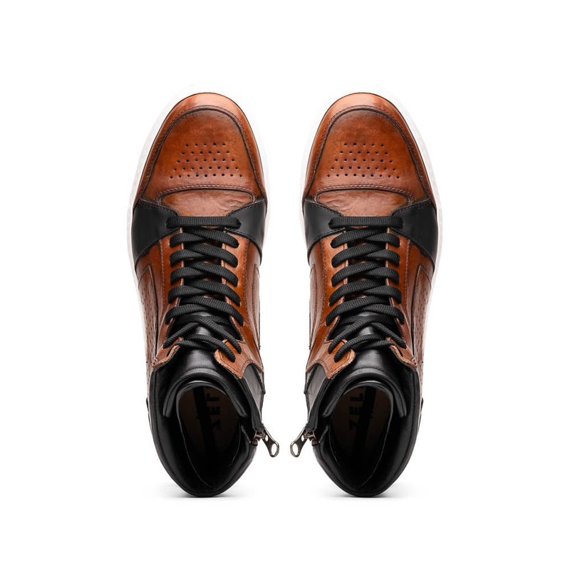 65-356-BRN BRAVO Italian Burnished Calfskin High Top Dress Sneaker Black / Brown