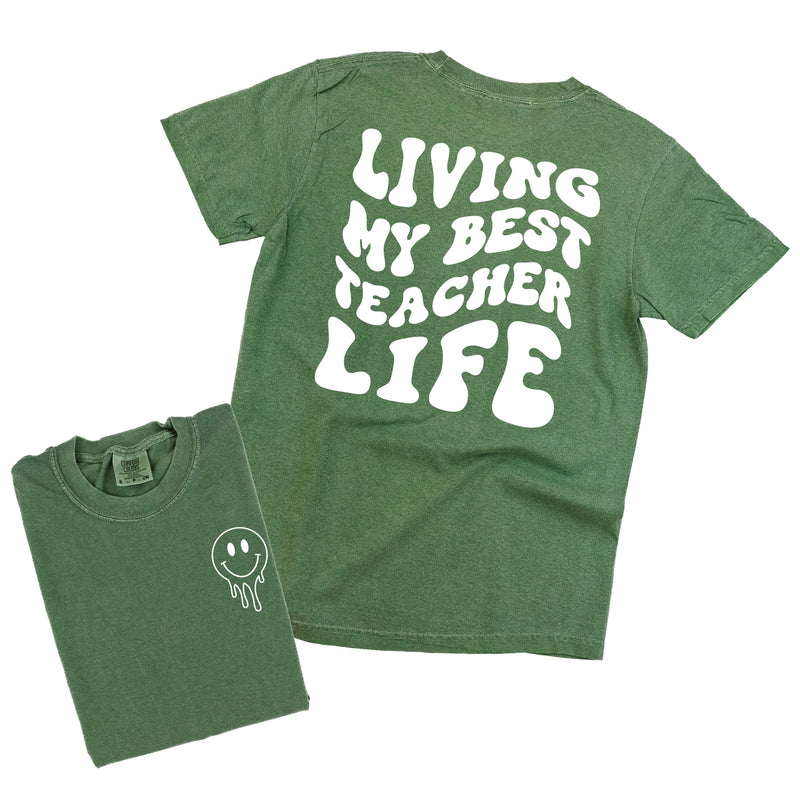 Living My Best Teacher Life - Melty Smiley (pf & b) - Comfort Colors Tee