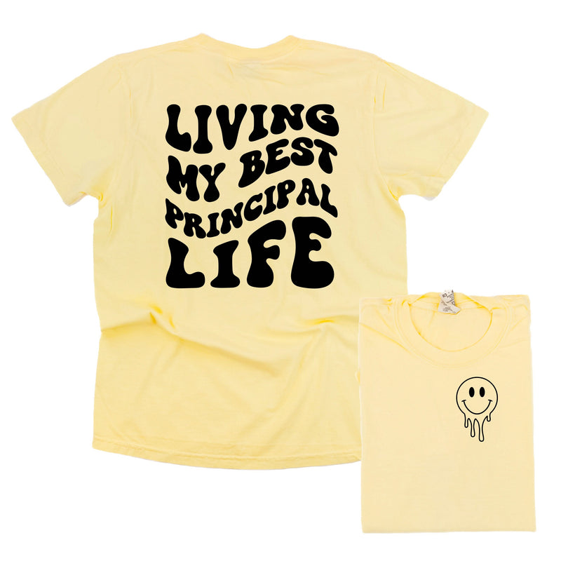 Living My Best Principal Life - Melty Smiley (pf & b) - Comfort Colors Tee