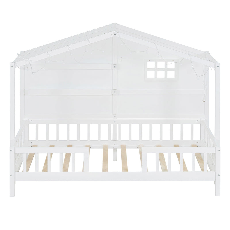 House Bed With Shelves, Window And Sparkling Light Strip On The Roof
