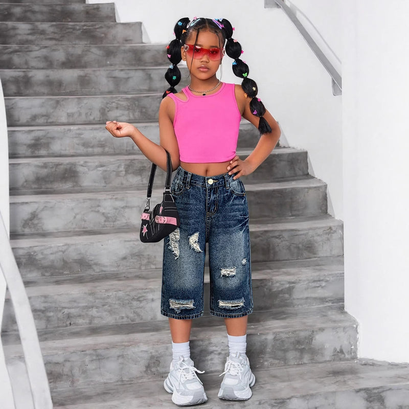 Girl's Nostalgic Washed Distressed Jeans