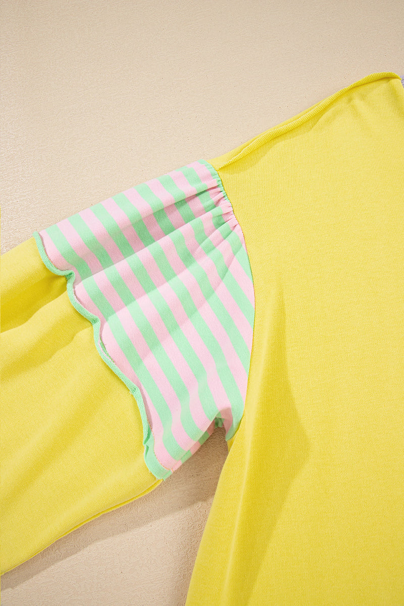 Yellow Striped Color Block Patchwork Crewneck Plus Size Pullover Sweatshirt