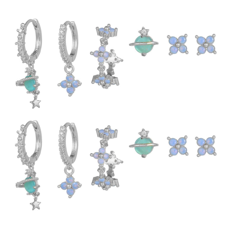 Stacking 6 Pieces Blue Flower Pierced Earring Set with Zircon, 18k Gold Plated Ear Studs and Ear Drops, Women's Fashion Jewelry for Party Daily Stacked Lobe Earrings