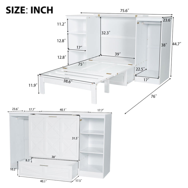Twin Size Murphy Bed With Bedside Shelves And Wardrobe - White