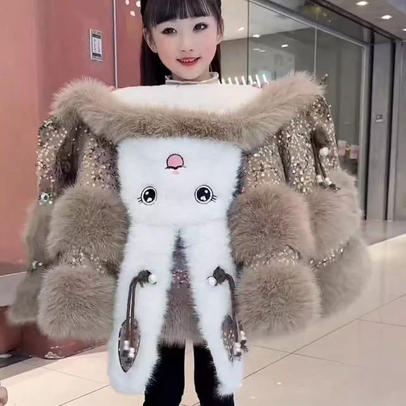 Fleece-lined Padded Faux Fur Coat For Little Girls