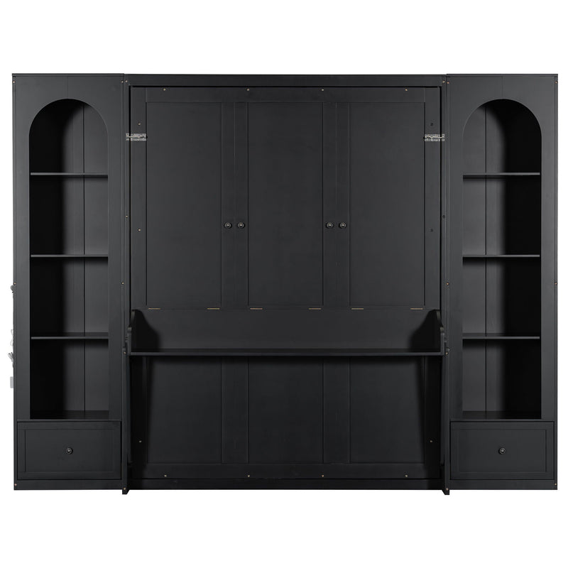 French Style Murphy Platform Bed With Shelf, Side Cabinets, Drawers And LED