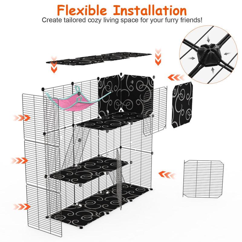 3-Tier Cat Cage Enclosure Indoor Cat Cage Playpen With Hammock Toy Ball Ladder DIY Iron Wire Cat House Kennels Crate For 1-2 Cats Ferret Rabbit Small