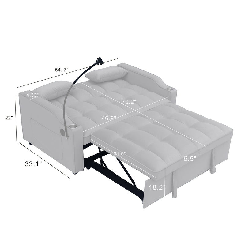 Modern Velvet Loveseat Futon Sofa Couch with Pullout Bed, Adjustable Backrest, Toss Pillows, Light Gray