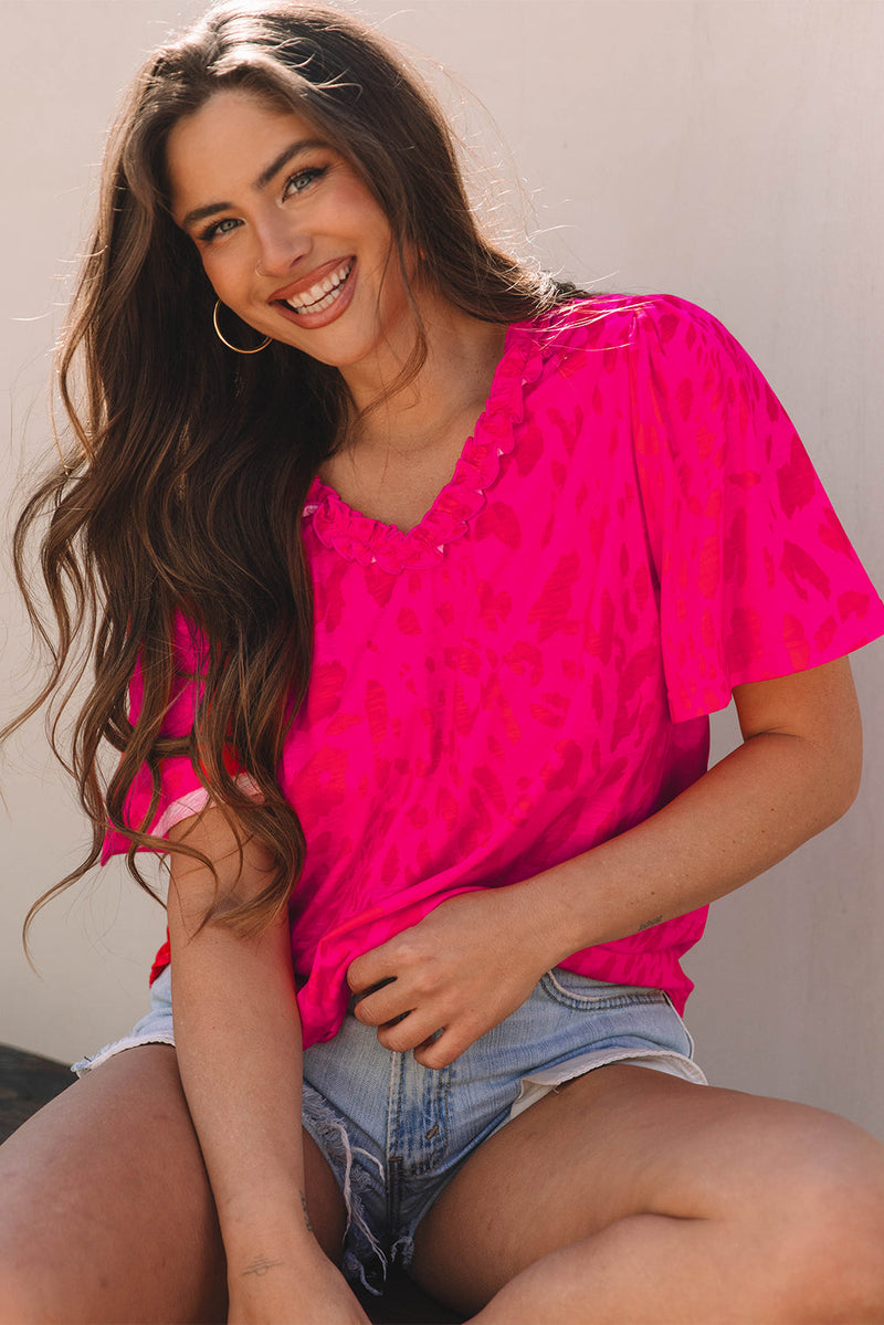 Laurel Leopard Frilly V Neck Short Sleeve Blouse