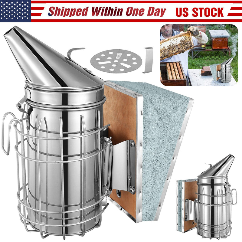 Bee Hive Smoker 11-Inch Heavy Duty Stainless Steel with Metal Heat Shield Storage Hook Beekeeping Equipment Tool