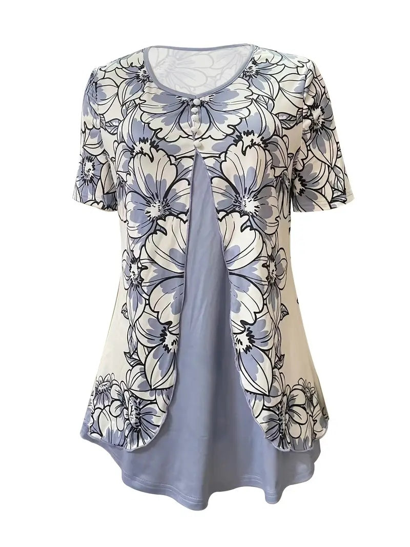 Summer New Short-sleeved Printed Fake Two-piece T-shirt V-neck Fashion Spike Top