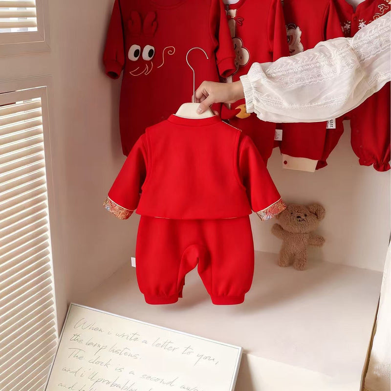 AutumnWinter Red Festive Fleece-Lined Warm RomperCrawling Suit