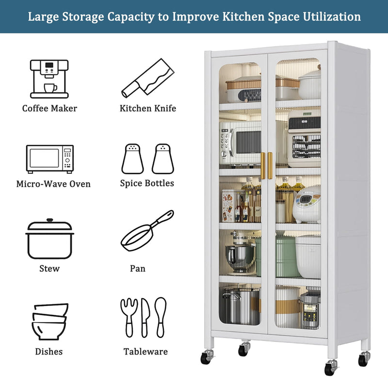 6 Tier Storage Cabinet With Transparent Door, Adjustable Shelves & Wheels