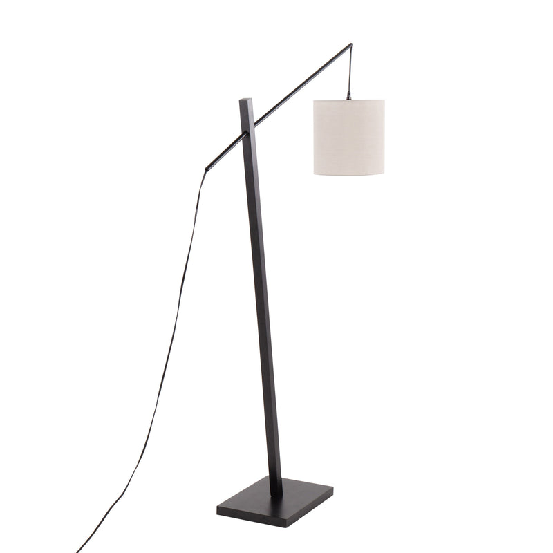Arturo Contemporary Floor Lamp in Black Wood and Black Steel with Grey Fabric Shade