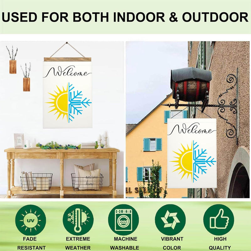 Sun and Snowflake Burlap House Flags for Outdoor, Summer Winter Large Yard Flags 28 X 40 Double Sided Seasonal Decorative Flag for Farmhouse Holiday Decoration