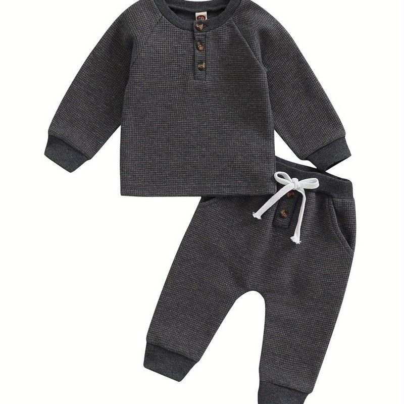 Toddler Thicken Waffle Clothes Set Boy Girls Buttons Round