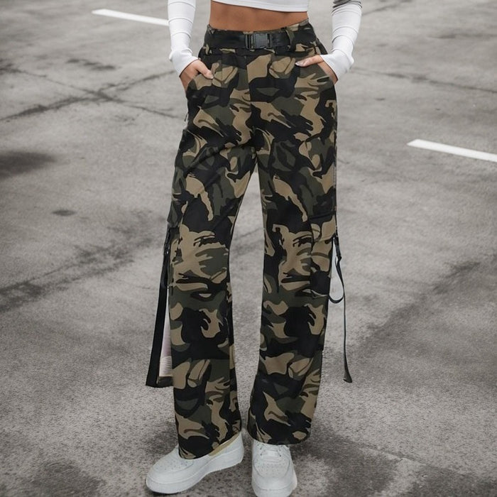 Multi-pocket Lace-up Loose Street Straight-leg Trousers