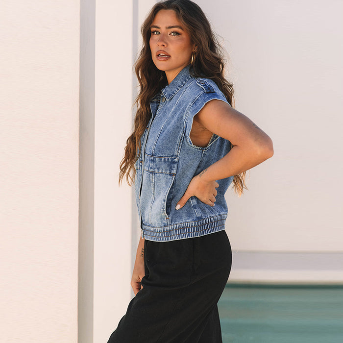 Denim Women's Single-breasted Lapel Short Sleeve Vest Coat