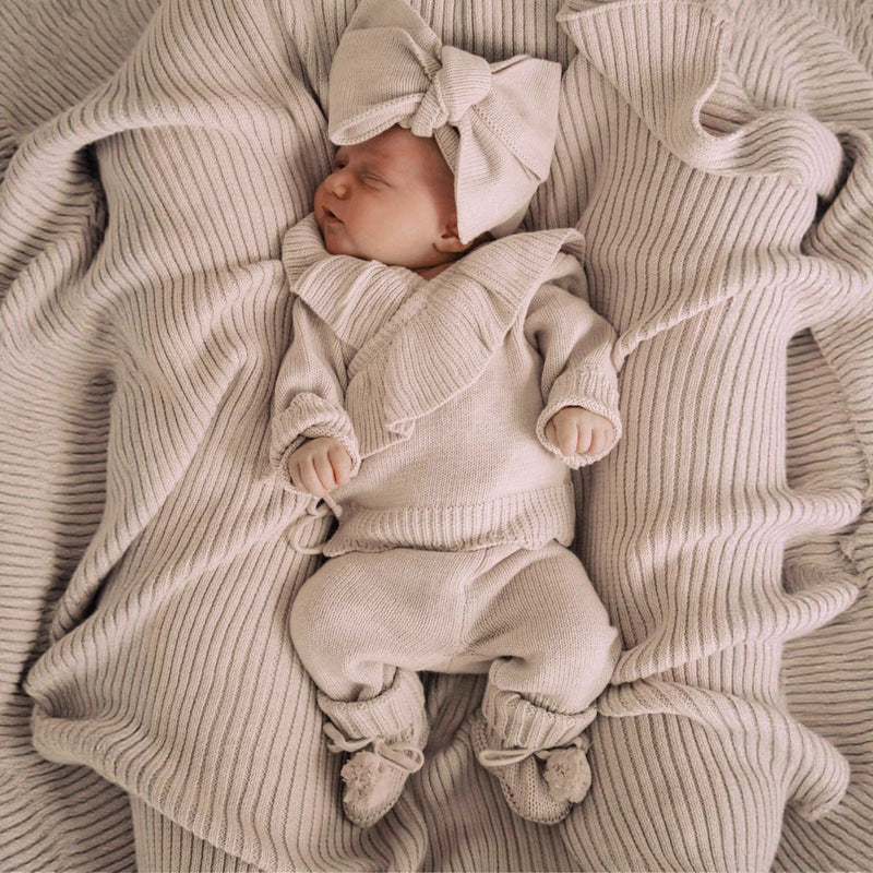 Baby Ruffle-Trim Sweater Cardigan Outfit Pants Headband 3-Piece Set
