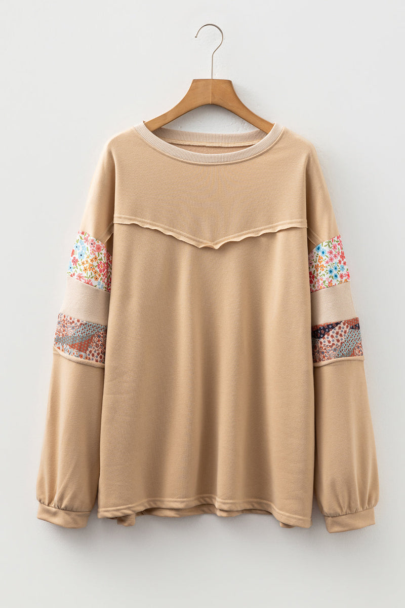 Khaki Exposed Seam Floral Mixed Patchwork Relaxed Plus Size Top